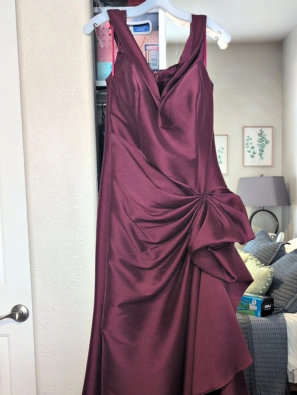 Terani Couture Satin Off-the-Shoulder Ruched Gown Burgundy Gown